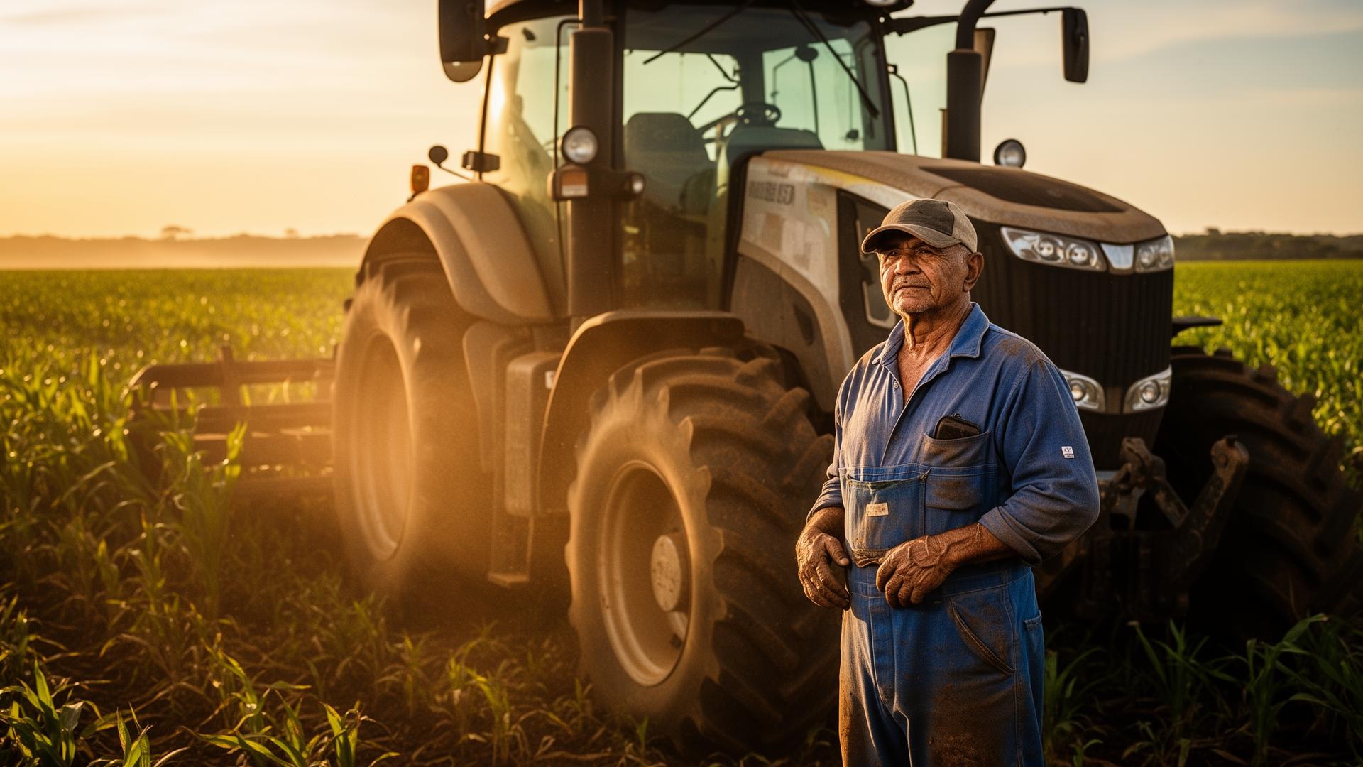 Produtor rural ao lado de trator no campo